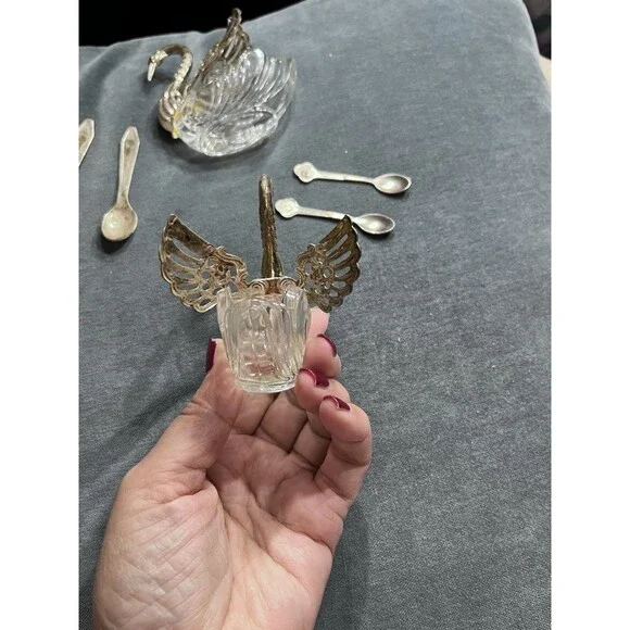 Pair of 3" Large Vtg Germany Silver & Crystal Swan Master Salt Cellars w/Spoons - Picture 14 of 16